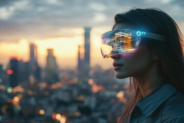 Woman wearing futuristic smart glasses visualizing a city's architectural design at sunset.