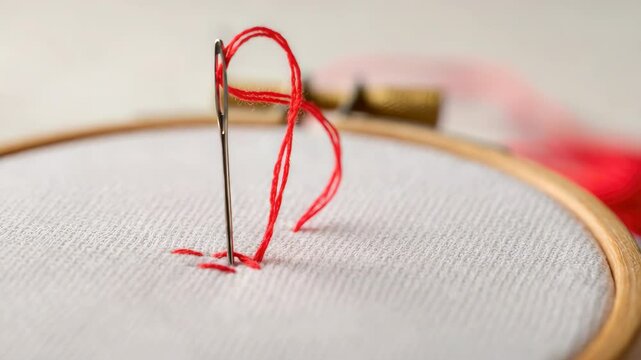 Close-up of needle and thread starting embroidery with red