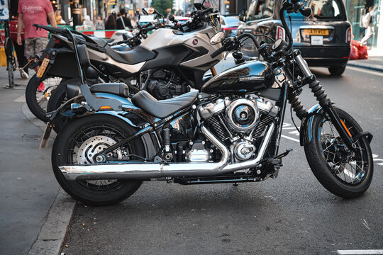 Harley-Davidson Country Cruiser Motorbike, Street Bike, Street Bob 114 Motorcycle, Milwaukee-Eight 117 Engine, Central London, England, United Kingdom - July 2025