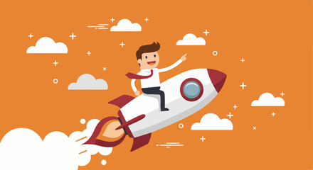 Businessman Riding a Rocket: Startup Success & Rapid Growth. Cheerful businessman riding a soaring rocket, symbolizing startup launch, rapid business growth, and entrepreneurial success.