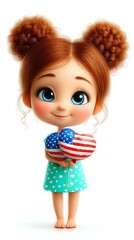 Patriotic Cheer: An adorable illustration of a girl with two buns embraces the spirit of patriotism holding a heart shaped decor. Embodying innocence and national pride.