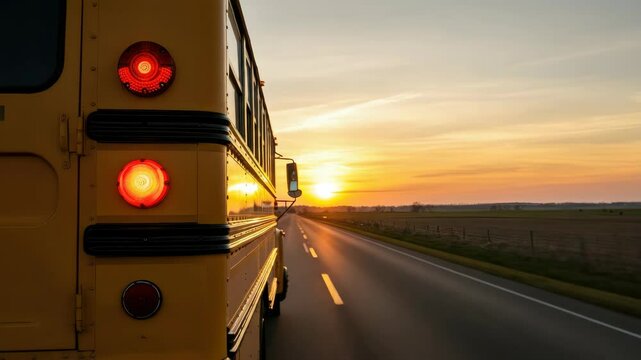 Sunset view from back of school bus on rural road