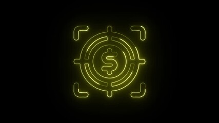 Glowing Target Money and Symbol in HD Video Neon Animation on Black Background