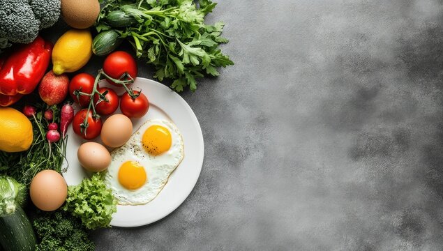 Fresh breakfast ingredients, fried eggs and vegetables on a gray surface