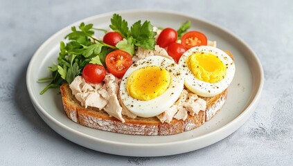 Open-faced sandwich with tuna, hard-boiled eggs, and cherry tomatoes