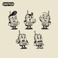 Vintage Walkie Talkie Character Illustrations Retro Communication