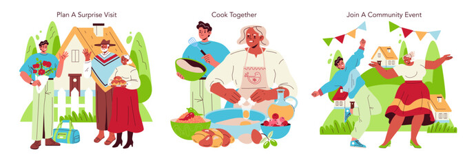Family Activities Illustrations of Visit, Cooking, and Event