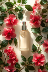 Vibrant Pink Floral Infused Botanical Skincare Product with Sleek Bottle and Foliage Accents