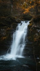 Fototapeta premium A serene waterfall cascading through a forested area with autumn foliage
