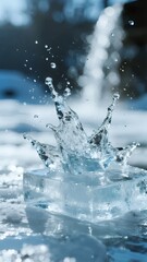 Water Splash Freezing in Mid-Air Over an Ice Cube