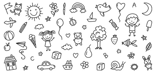 Vector collection of cute kids drawings hand drawn with line art in doodle style