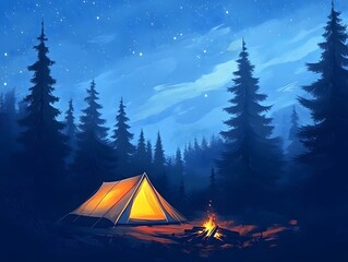 Serene Camping Scene with Glowing Tent Under Starry Night Sky
camping in the mountains