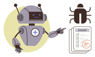 Robot pointing at a bug icon and accompanied by marked exam papers with an A grade. Ideal for AI, machine learning, automation, problem-solving, education, programming, innovation. Simple flat