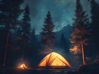 Nighttime Camping Adventure with Glowing Tent and Starry Sky
camping in the night