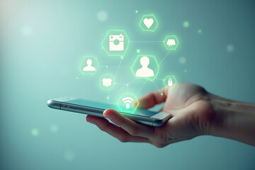 Hand holding smartphone with glowing social media icons and network connections