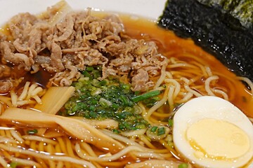 Beef Ramen Noodle Soup Serving on Table.