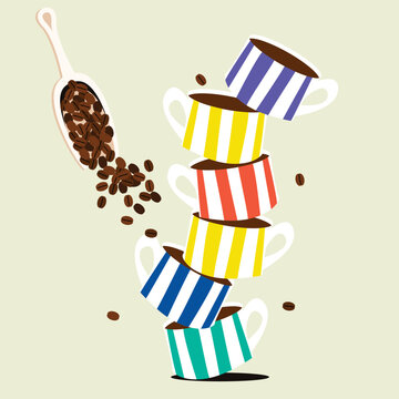 Stacked Colorful Coffee Cups with Falling Beans Illustration