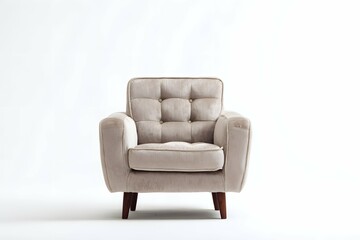 A comfy chariot with plush upholstery and sturdy wooden legs floating in studio light.