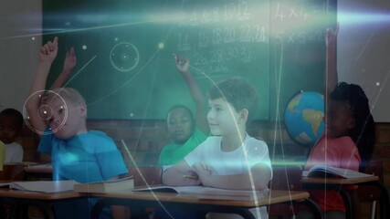 Students raising hands after teacher cue in classroom with animated rings highlighting math answers - Powered by Adobe