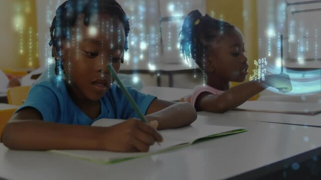 Boy and girl students writing in classroom initiating binary code overlays and rotating data panels