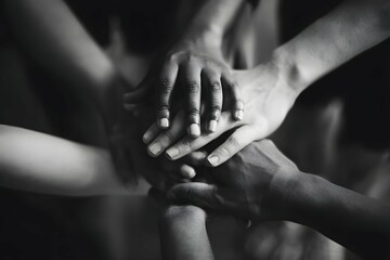Modern studio scene with diverse hands united, symbolizing community in monochrome and soft focus.