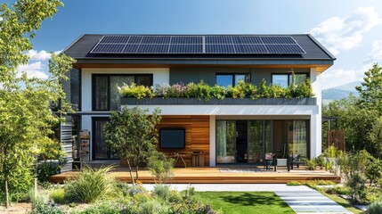Energy-efficient residential exterior featuring heat pump, modern facade, solar panels, and lush eco-friendly landscaping under sunny skies