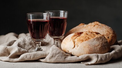 Rustic sourdough bread beside two glasses of ruby wine, evoking Lammas harvest and Dionysian revelry's timeless dance