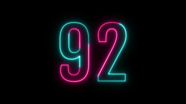 neon glow 92 text number sign animation on black background, neon colorful 92 numbers animated with alpha channel.