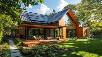 Energy-saving modern residence with angled metal roof and outdoor heat pump unit, surrounded by eco-friendly gardens and bright sunlight