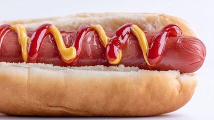 Juicy hot dog cradled in fluffy bun, smeared with tangy zigzag ketchup-mustard, perfect for National Hot Dog Day fiesta