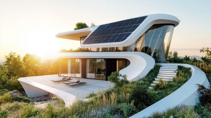 Futuristic energy-efficient home, rooftop solar panels and compact heat pump unit gleaming in bright afternoon sunshine, clean architectural lines