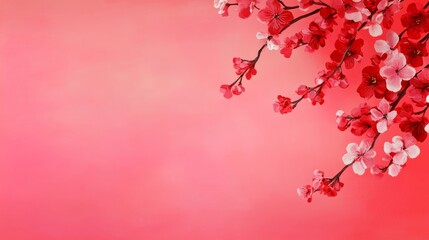 Naklejka premium cherry blooming branch on red background