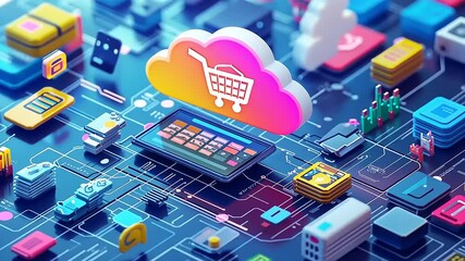 Colorful digital marketplace with cloud shopping cart icons and various app symbols on a circuit background - Powered by Adobe