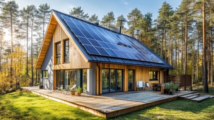 Green energy smart home with solar panels glistening in sunlight, heat pump system installed at side, surrounded by tall trees