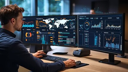 Young professional analyzing data on multiple screens in a modern office environment with charts - Powered by Adobe