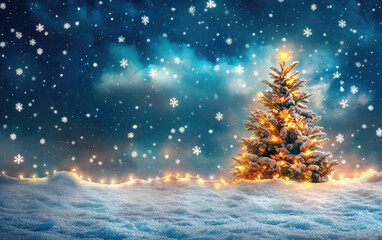 A magical winter landscape with a festive Christmas tree adorned with sparkling decorations under a star-filled, snowy night sky, perfect for holiday greeting cards