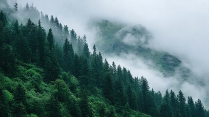 A mist-enshrouded evergreen forest whispers secrets of the ancient Taiga biome, evoking the introspection of Earth Day
