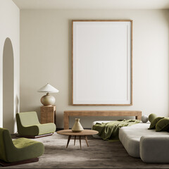 Modern and tranquil living room with green accents. 3D illustration
