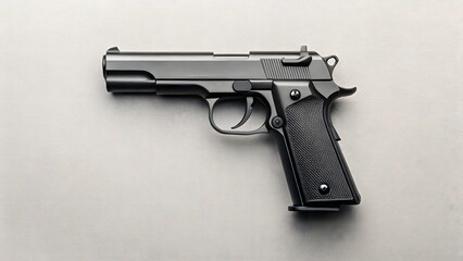 Black semi automatic pistol with textured grip on a neutral background