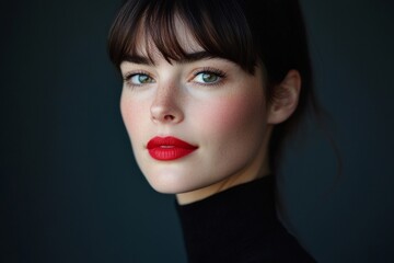 authentic minimalistic portrait of 35 years old French woman with red lips, green eyes on black background