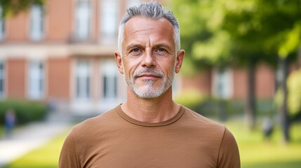 authentic portrait of soft smiling 50 years old European man teacher or lecturer against university
