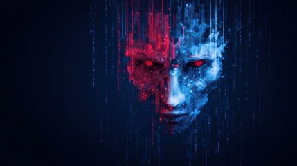 Red and Blue Cybernetic AI Face with Glowing Eyes and Circuit Overlay.