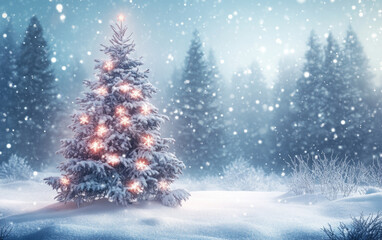 A festive Christmas tree stands adorned with snow in a cold winter landscape, a perfect holiday decoration