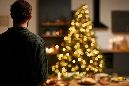 A contemplative Caucasian male admires the twinkling yuletide luminescence, echoing festive anticipation and winter solstice whispers