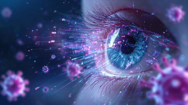 Digital Eye Scanning Virtual Virus Data in Futuristic Cyber Space.