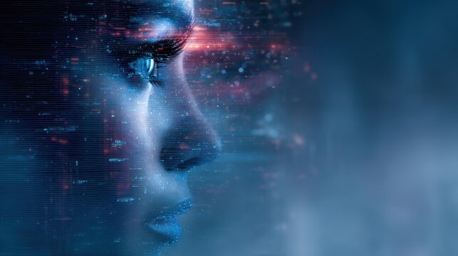 Futuristic Digital Face with Blue Circuit Overlay and Data Particles.