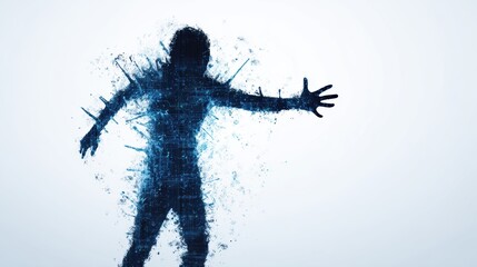 Human Silhouette Disintegrating into Digital Fragments.