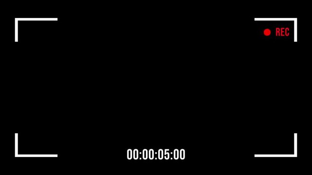 Video Camera Frame Recording on black color background with blinking red icon and digital display with settings 1 minute recording timecode