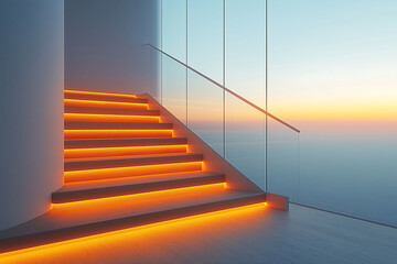 minimalist staircase with sleek wooden steps and glass balustrade illuminated by soft recessed lighting