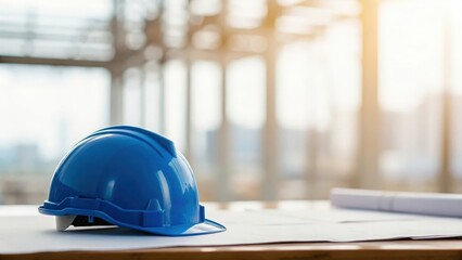 Defocused workplace with blue hard hat symbolizing safety and planning in construction projects
